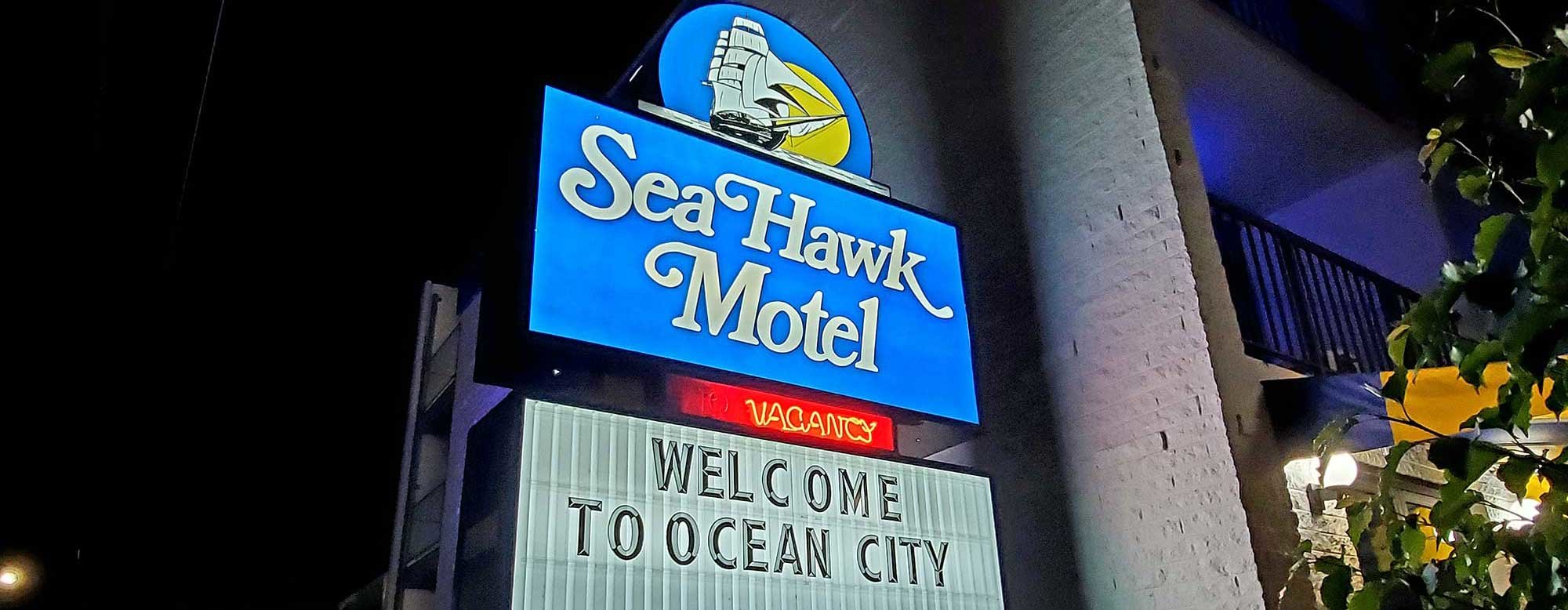 Sea Hawk Motel Sign Sea Hawk motel sign lit in the evening